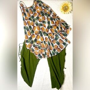 SET: Nicole Miller + Deja Bleu Women's Sunny Pineapple Top Green Pants; M + XL